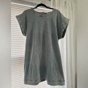 Denim Dress with Pockets and Pearl Rhinestone Sleeves